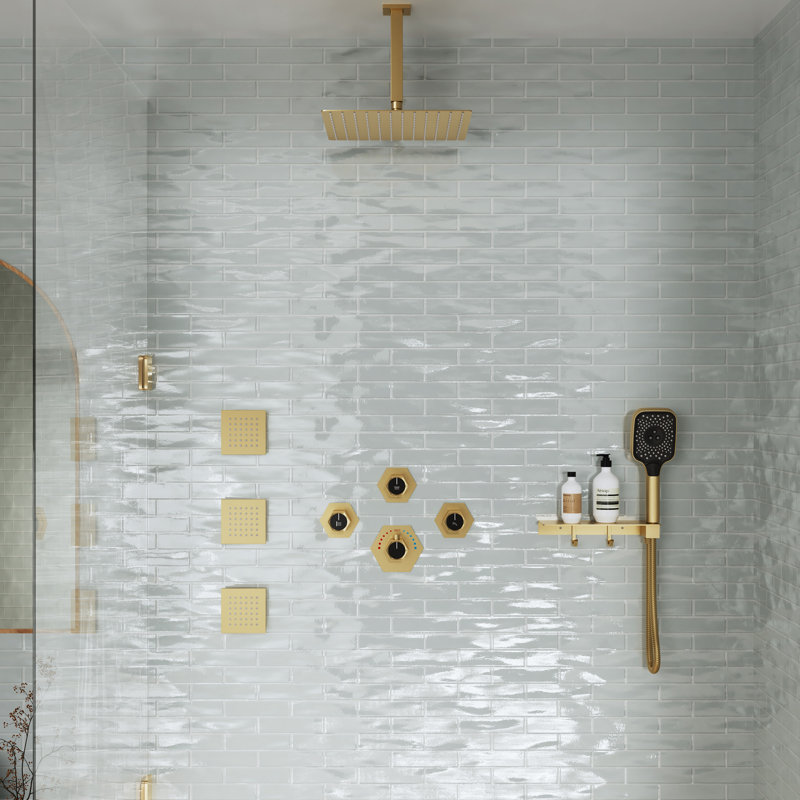Système de douche thermostatique 12 "avec 3 jets de corps et tablette de rangement, Or brossé