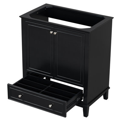 30-Inch Black Bathroom Vanity Base Cabinet With Doors And Drawer, MDF/Solid Frame, No Sink Included | Gift Idea
