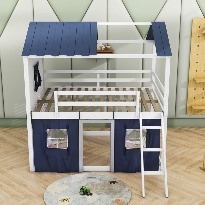 Lit superposé en bois avec fenêtre et tente Sherick, Bleu, Double sur double