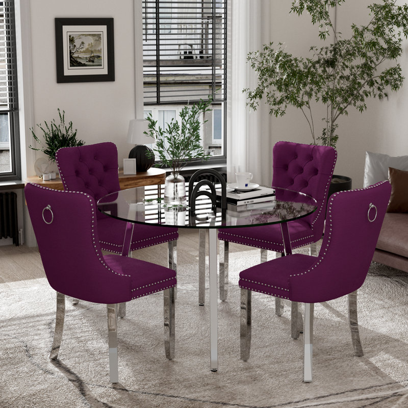 Round Glass Dining Table Set, Purple, Gold, 5