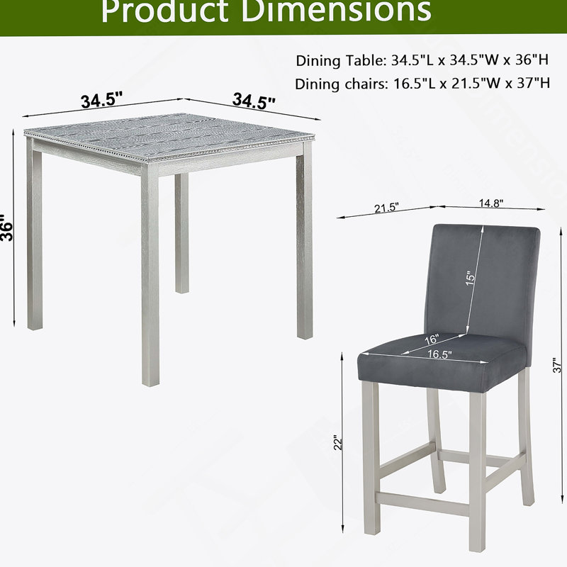 Ensemble de table 5 pièces à hauteur de comptoir, ensemble de table de cuisine en bois avec table carrée et 4 chaises rembourrées, ensemble de table de salle à manger à hauteur de comptoir avec décoration en cristal et ensemble de chaises, gris argenté