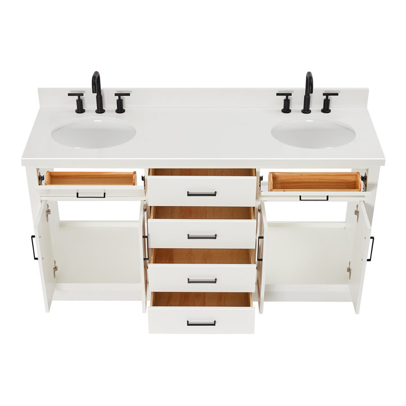 Ensemble de meuble-lavabo double en bois massif 66 po avec plateau en quartz blanc 1,5 po Thornaby, lavabos ovales, Ovale