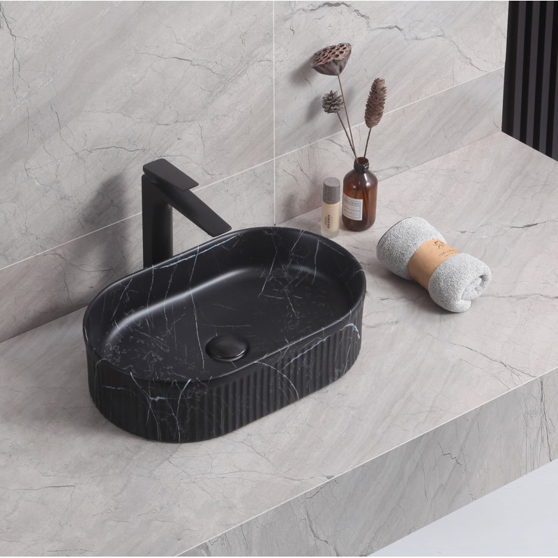 Ivy Bronx Conal 500mm L x 310mm W Ceramic Oval Sink, Black Marquina