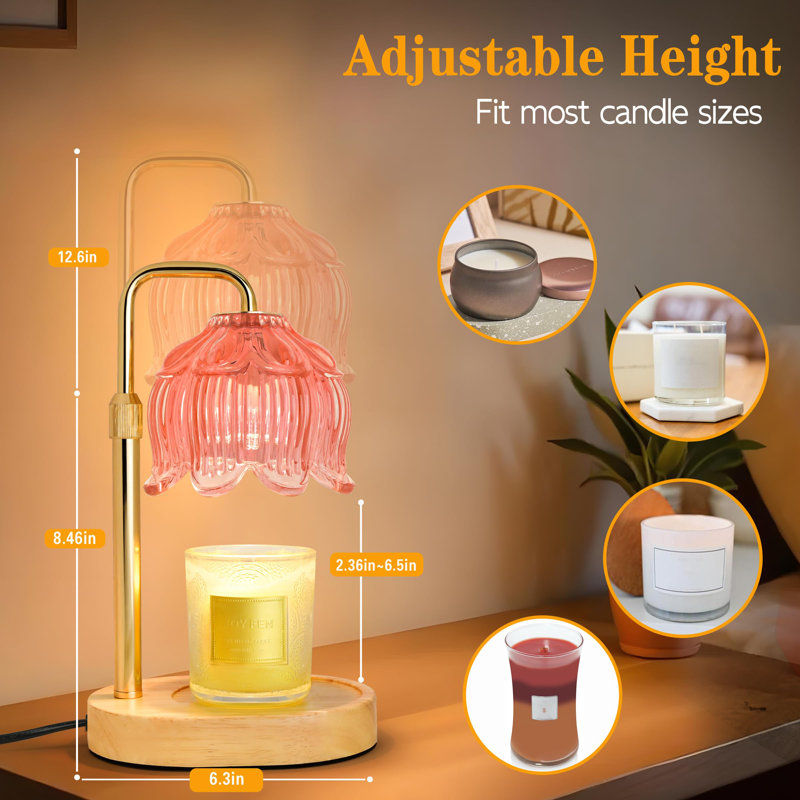 Porte-bougie Lotus avec abat-jour en verre, gradateur et hauteur réglable, lampe chauffante pour chambre, Rose