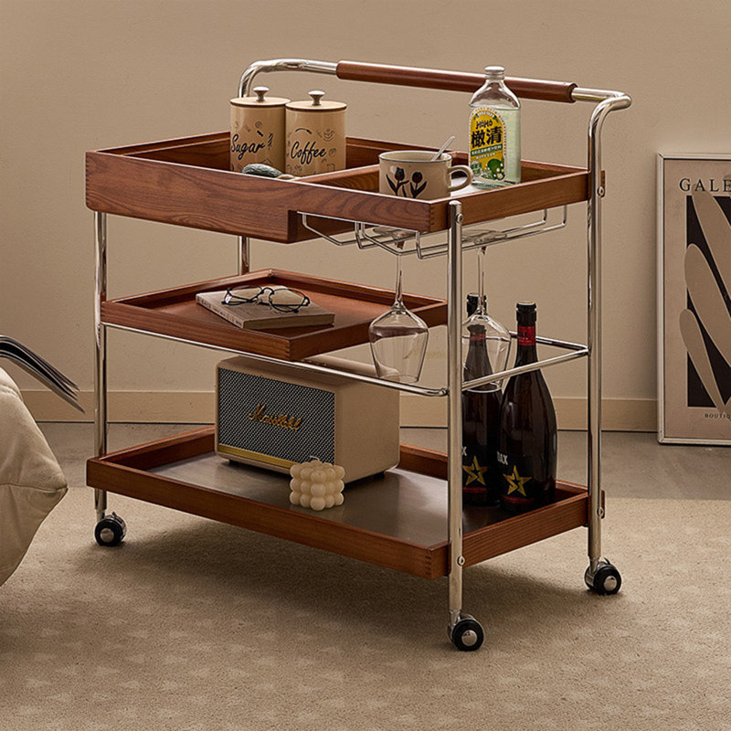 Chariot de service à roulettes en bois de frêne blanc 27,56 "à 3 niveaux avec cadre en métal galvanisé, porte-verres à vin et roulettes universelles, table d'appoint avec rangement et chariot de rangement de barware