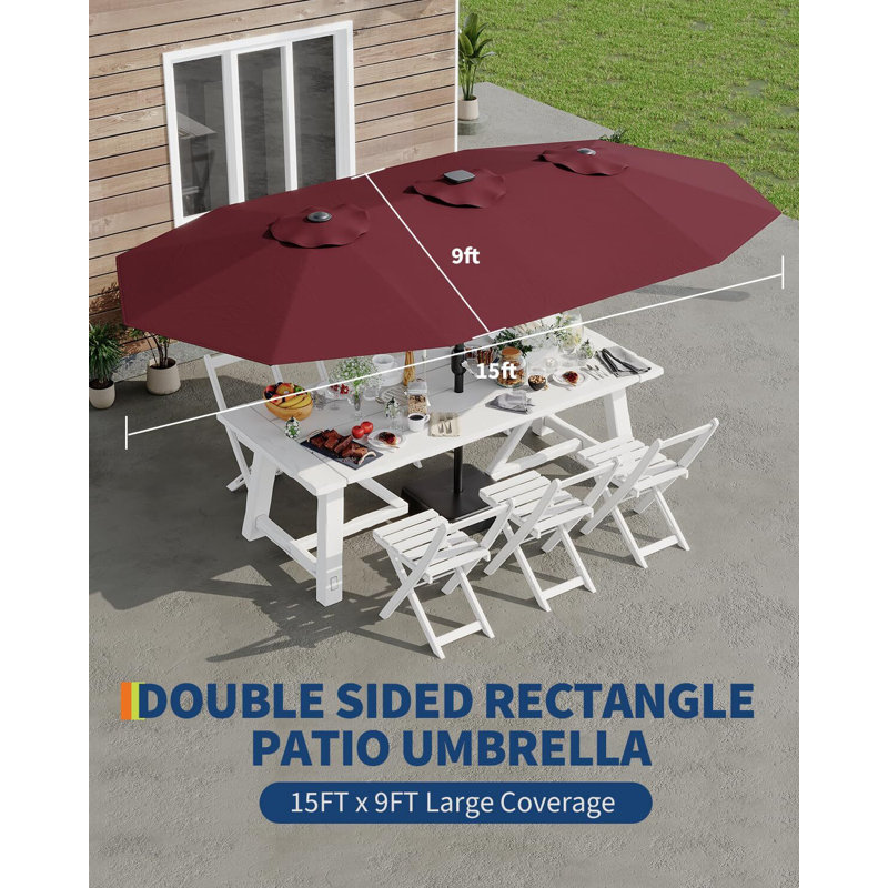 Grand parasol de patio 15 pi avec base, protection contre les rayons UV, pour la sécurité solaire, Rouge vin