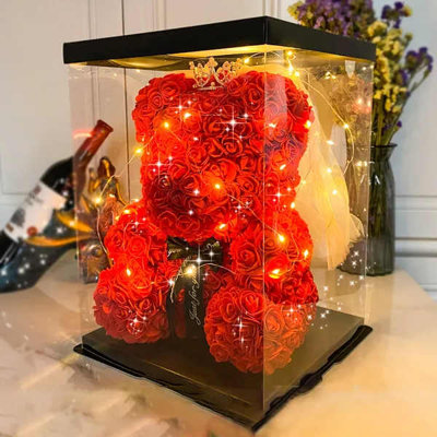 Décoration de mariage Fleur artificielle avec boîte et ours en peluche rose