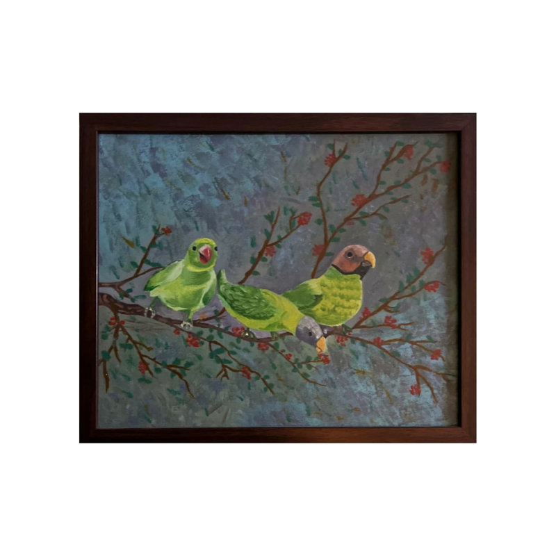 Peinture de perroquets sur la branche avec cadre | Huile et acrylique sur toile | Par Ruchi Gupta