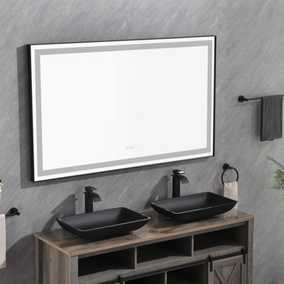 Miroir de salle de bain 60 po x 48 po à DEL avec cadre en aluminium, miroir de meuble-lavabo mural, anti-buée, mémoire, 3 couleurs, réglable en continu