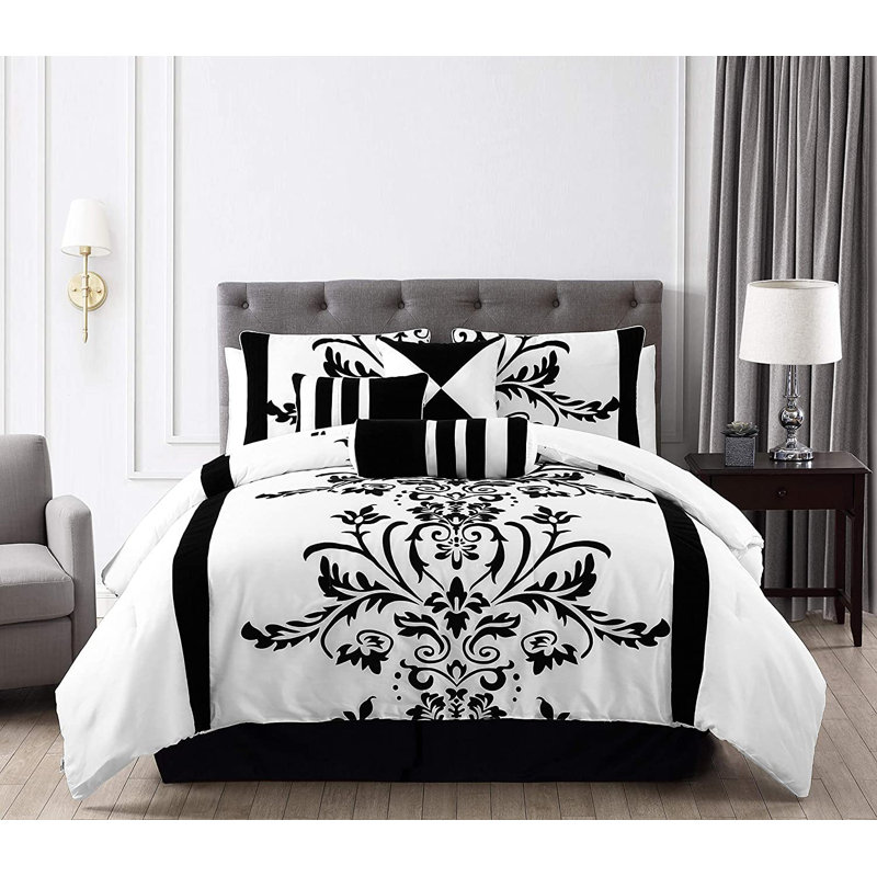 7-Piece Faux Silk Flocked Comforter Set, King Comforter + 2 King Shams, Violet/Black