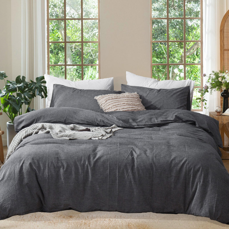 MooMee Lightweight Duvet Cover Set with Zipper Closure 8 Ties 100% Washed Cotton Linen Like Textured Soft Breathable All-Season