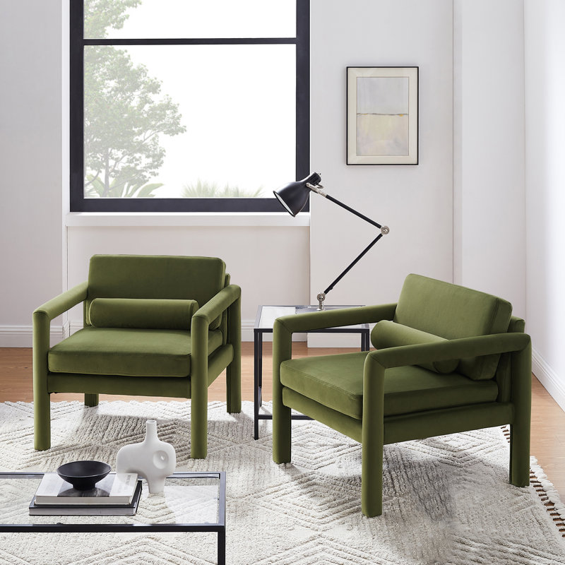 Solaris Velvet Upholstered Accent Armchair (Set of 2), Green Velvet