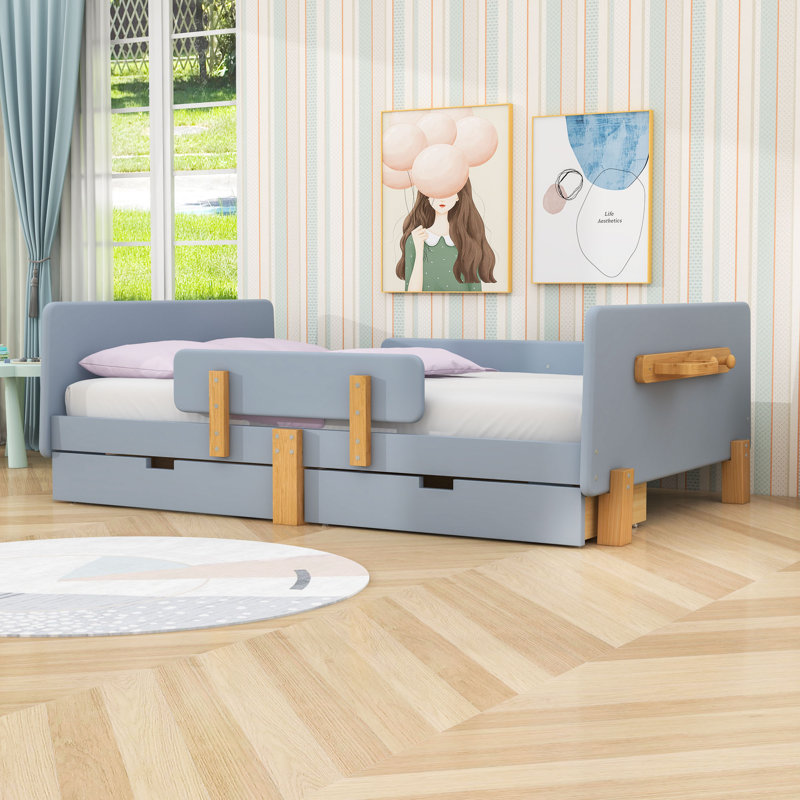 Lit plateforme à 2 tiroirs en bois avec lattes, Gris, Lit double