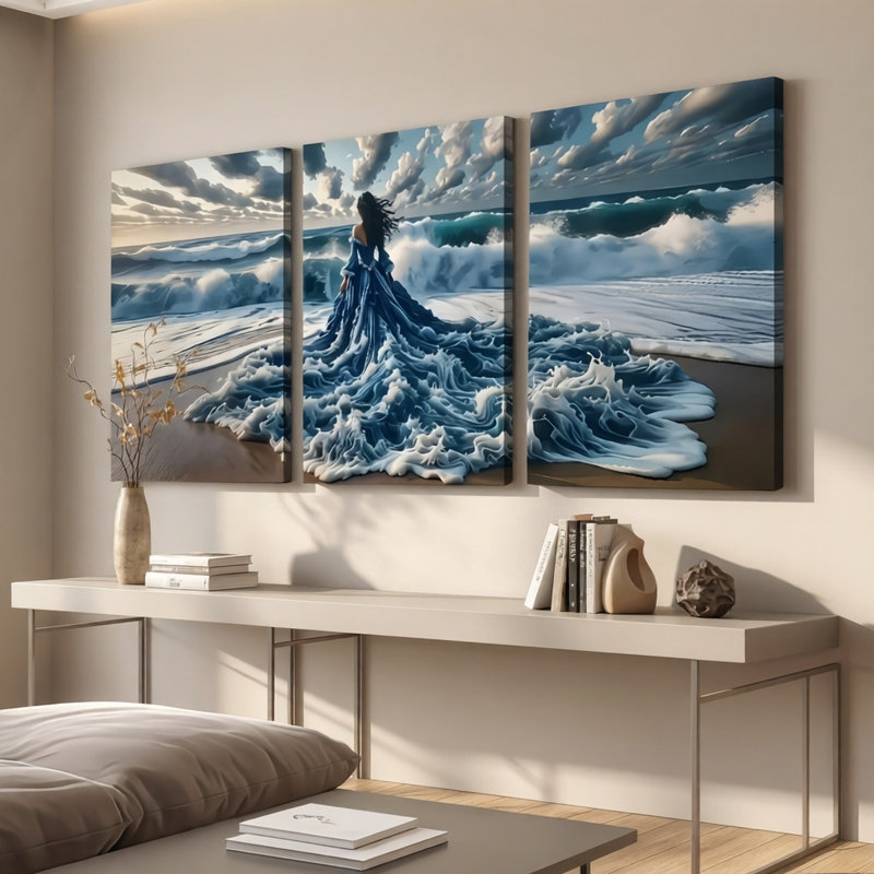 Wave Wave Girl, impression sur toile 3 pièces pour décoration de salon, 16 * 12 pouces 3 pièces