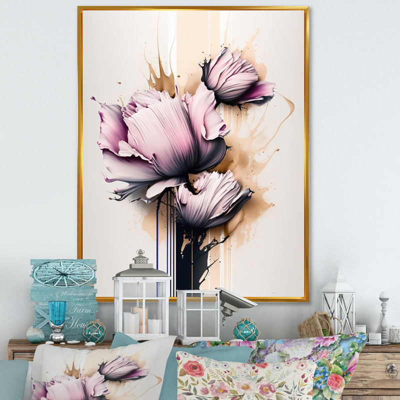 Fleur de pivoine rose sur toile abstraite, impression sur toile, H 32 po x l 16 po x P 1 po, Cadre flottant doré