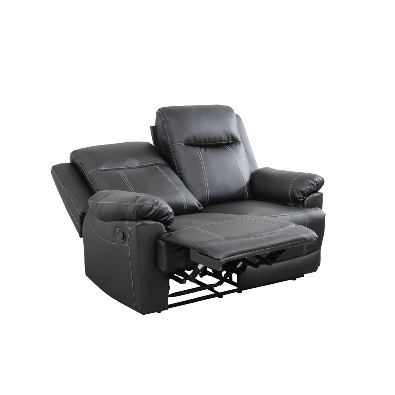 Black Semi-PU Leather Recliner Sofa – Manual Reclining Sofa for Living Room, Black Faux Leather