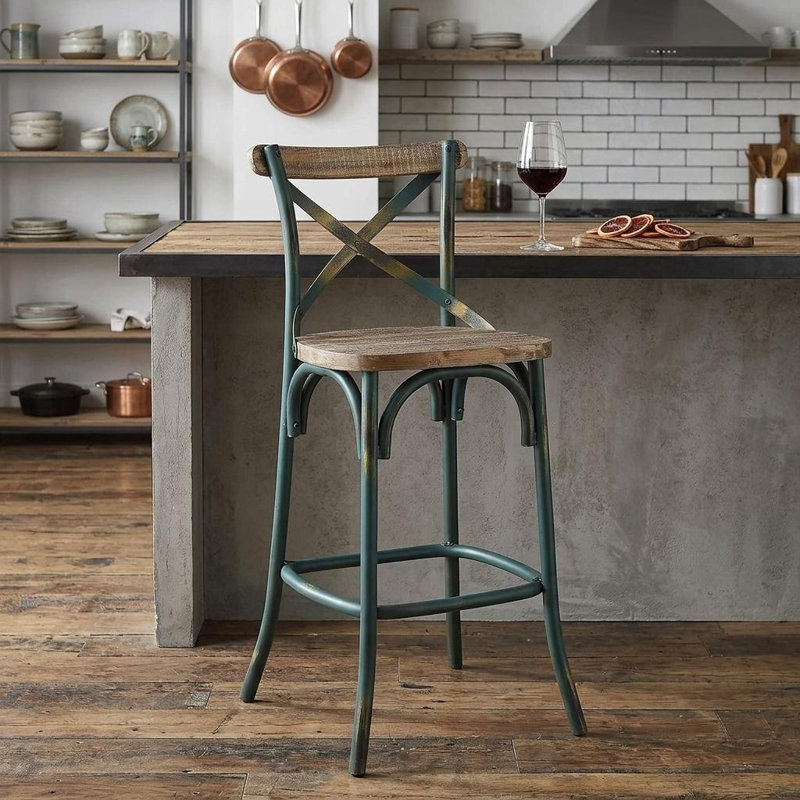 Chaise de bar 21 po en bois massif brun et turquoise Hukill