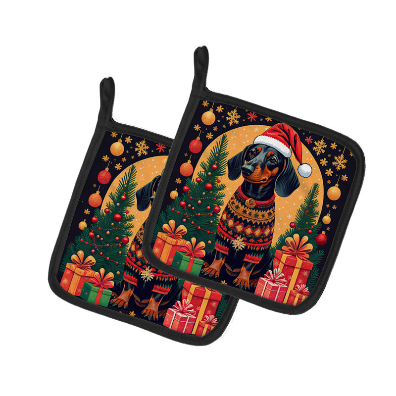 Paire de porte-casseroles de Noël teckel noir et brun clair