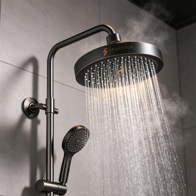 Pommeau de douche effet pluie – Rond de 20 cm, finition bronze huilé vieilli, jet haute pression à 90°, angle réglable, installation sans outil, raccord universel