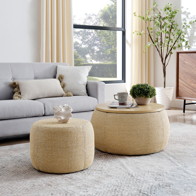 Table de bout, repose-pieds rond avec rangement, Naturel, Naturel