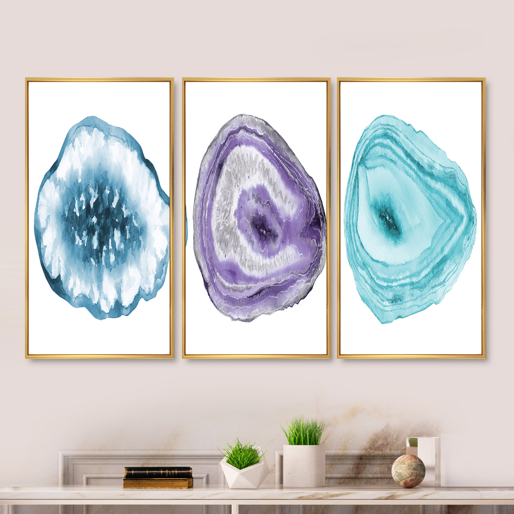 Geode Slices of Agates and Amethyst - 3 Piece Floater Frame Print on Canvas Mercer41 Format: Brown Framed, Size: 32 H x 48 W x 1 D