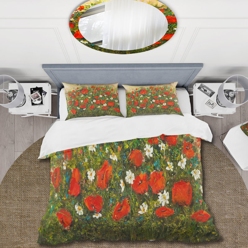 Fleurs sauvages rouges dans les champs - Ensemble de housse de couette traditionnel - Microfibre de polyester