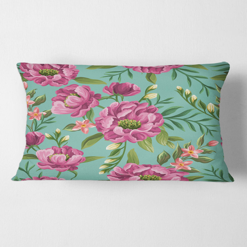 Fleurs fuchsia sur fond vert - coussin traditionnel imprimé