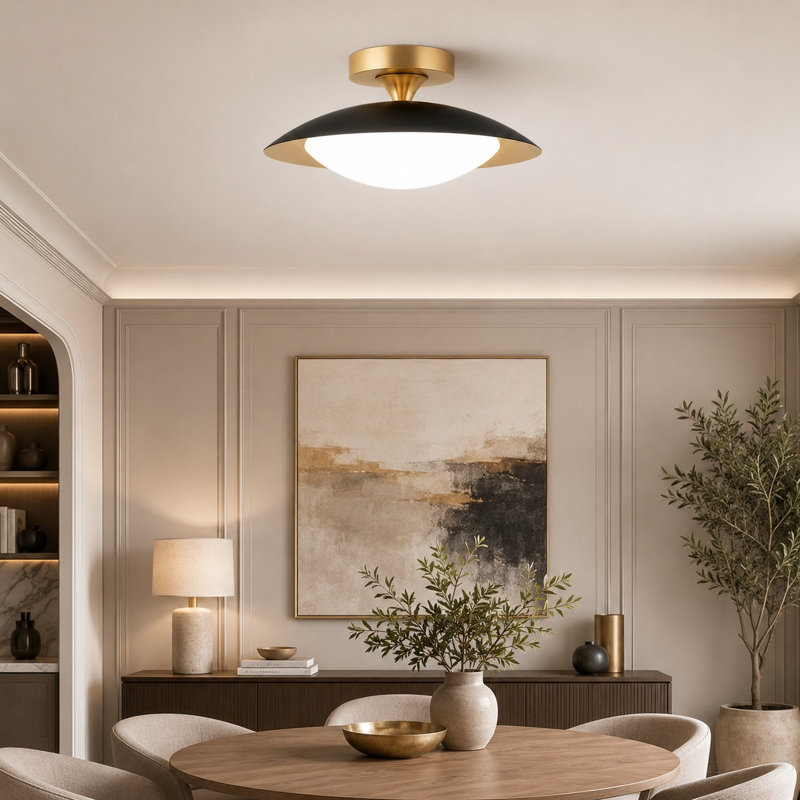 Plafonnier semi-encastré à DEL Mid-Century moderne avec télécommande à intensité variable 5CCT 2700K-6500K noir et or 15,7 po pour plafonnier de couloir de cuisine