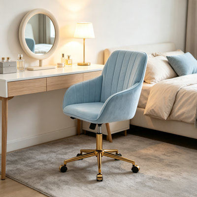 Baby Blue Vertical Stitched Velvet Task Chair, Height Adjustable 360 Swivel Rolling Office Desk Chair, 5-Star Gold Plated Metal Base Comfy Makeup Vanity Chair for Home Bedroom Study, Multiple Velvet Color Choices, Supports 300 Lbs