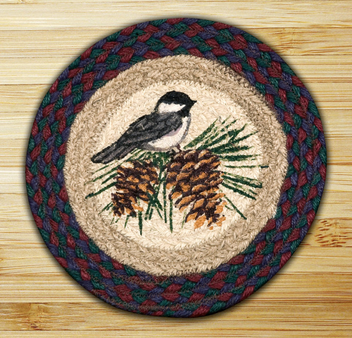 Round Trivet – Chickadee Bird Print on Braided Jute, 10"x10", Rustic Nature-Inspired Design
