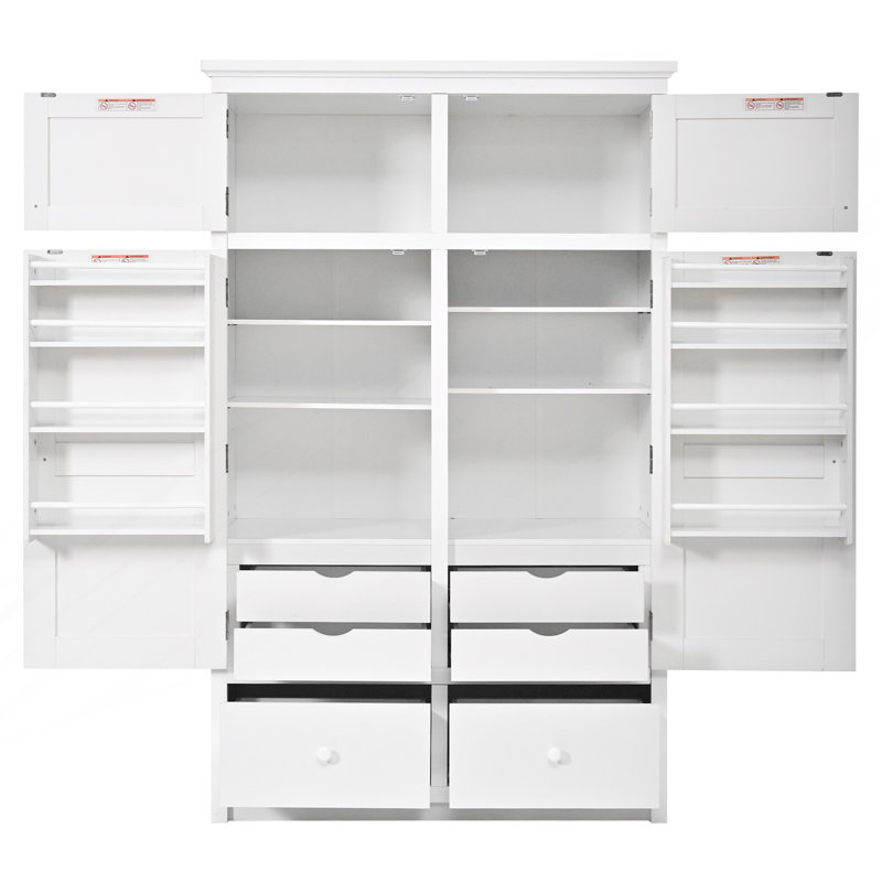 Garde-manger autoportant, armoire de rangement haute avec 8 tablettes de porte, 4 plateaux coulissants et 6 tiroirs, White