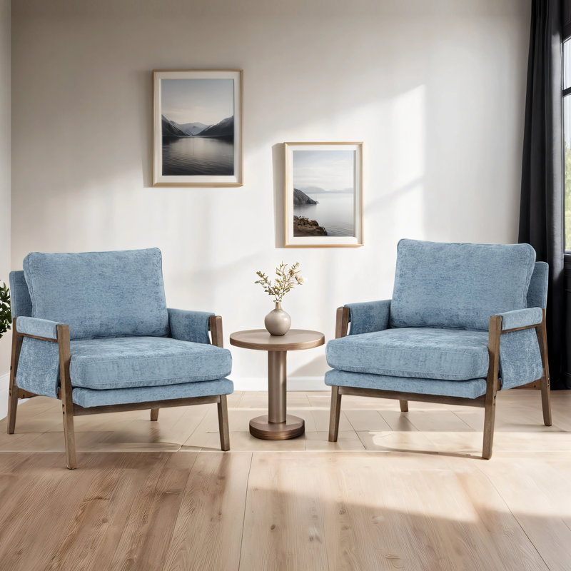 30" Wide Brayven Mid-Century Modern Upholstered Chenille Armchair With Wood Frame (Set of 2), Blue Chenille