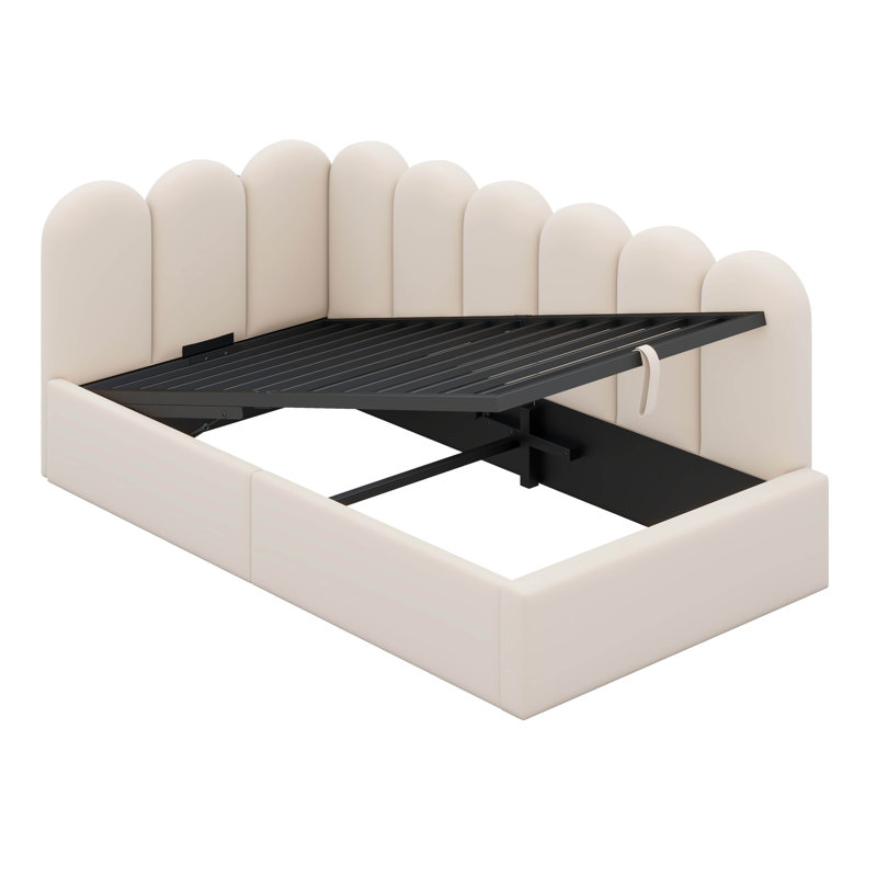 Twin Modern Upholstered Lift Up Sofa Day Bed With Headboard, Velvet Platform Bed Frame With Hydraulic Storage, Beige
