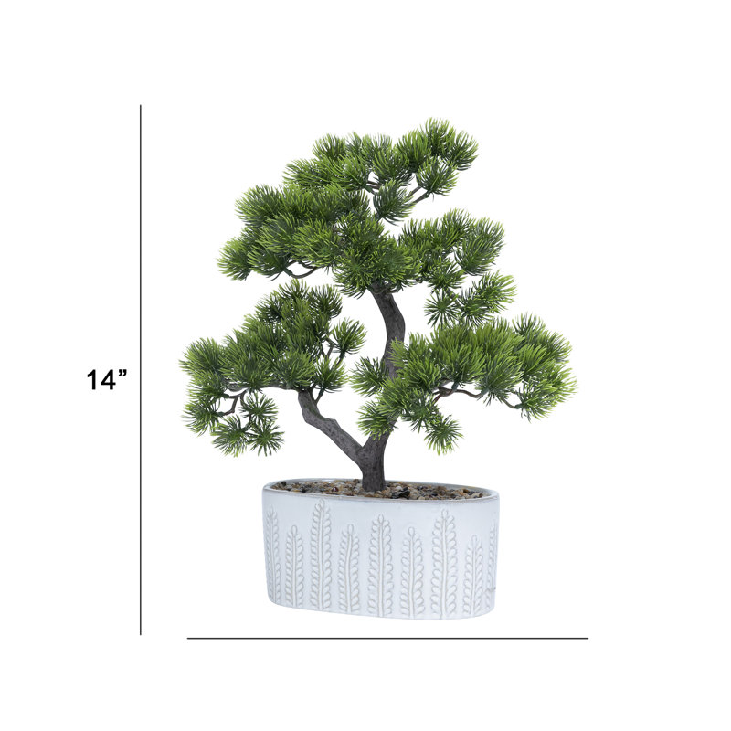 2-pack 14” Faux Bonsai Trees With Real Touch Leaves, In A Modern Geometric Ceramic Vase