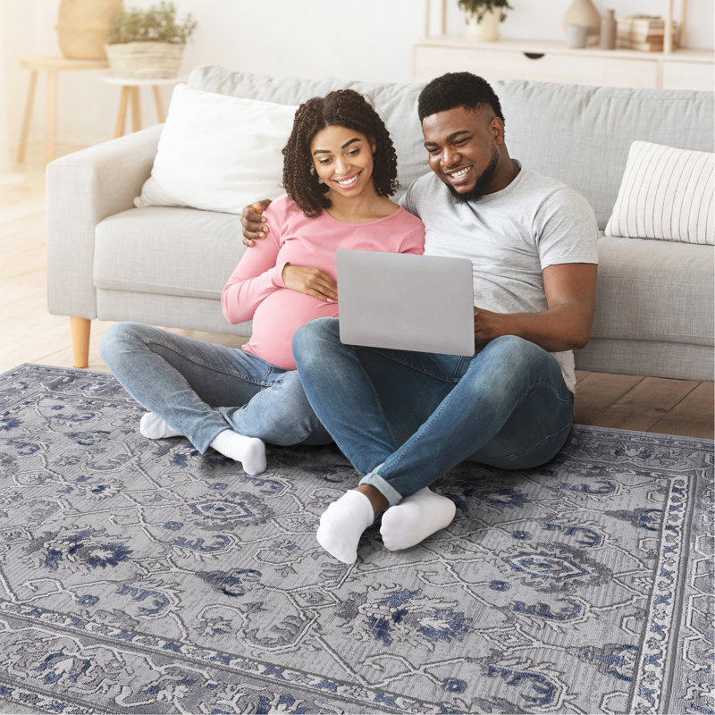Collection Grey/Blue/Oriental Non-Shedding Living Room Bedroom Dining Home Office Stylish And Stain Resistant Area Rug