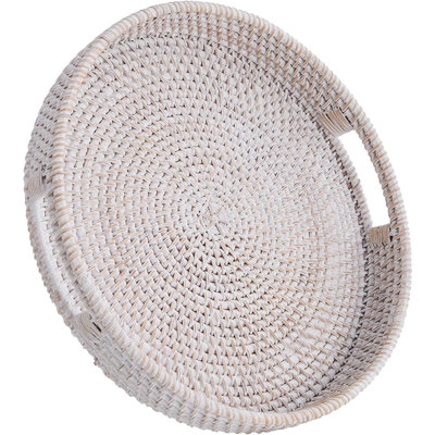 Round Rattan Serving Tray, Hand-Woven Tray With Handles, Ottoman Decorative Coffee Table Tray, Wicker Storage Basket For Tea, Fruit, Bread, Whitewash