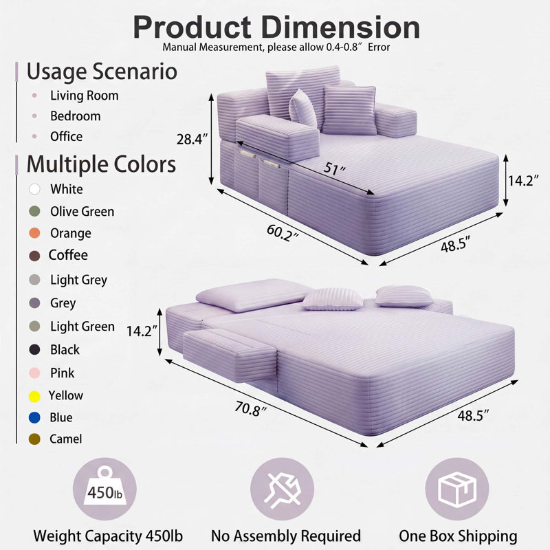 Ensemble 2 pièces de chaise longue en velours côtelé désossé, canapé-lit convertible avec poches latérales - aucun assemblage requis