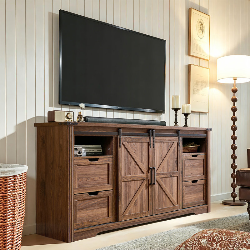 66 Inch TV Stand Console For Tvs Up To 75" With 2 Sliding Barn Doors And Drawers, Brown