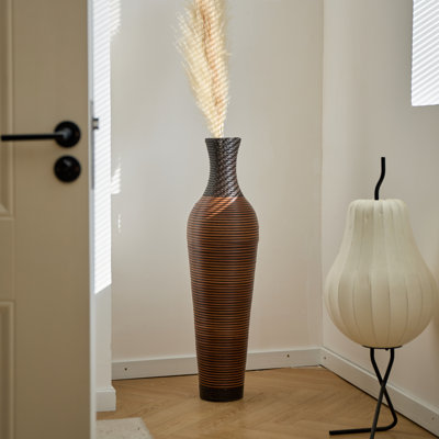 Vase de sol en rotin en PVC tressé à la main, 99 cm de hauteur, noir et gris, style bohème champêtre, idéal pour le salon, l'entrée ou le bureau.