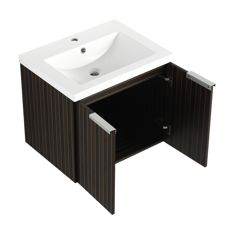Meuble-lavabo de 24 po avec lavabo en résine, poignée en métal, fixation à flotteur pour lavabo moderne de petite salle de bain, mécanisme