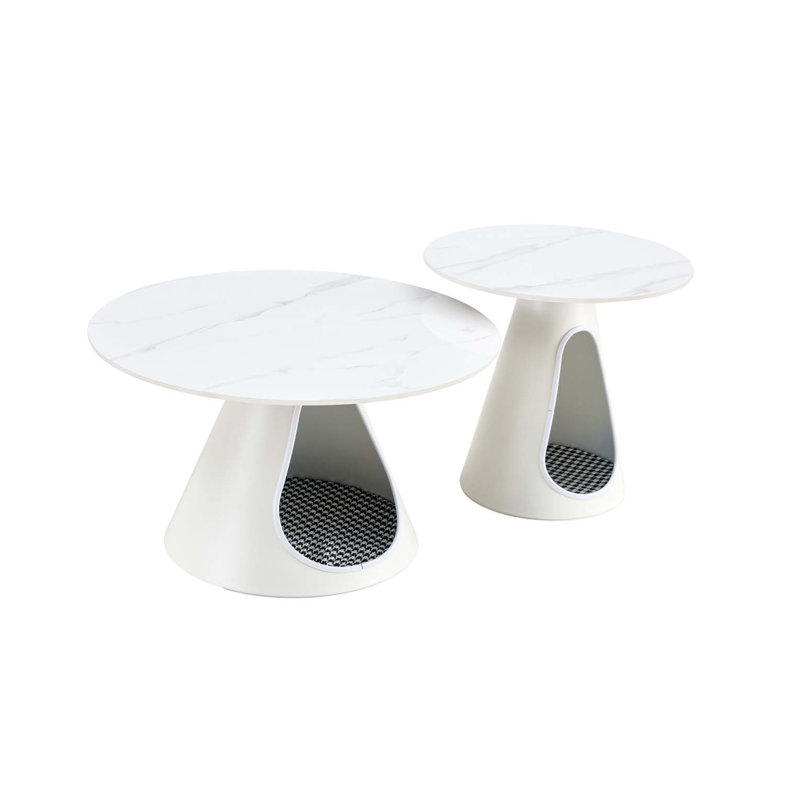 Ensemble de 2 tables basses rondes avec plateau en marbre et base en acier avec 2 lits pour chat multifonctionnels et élégants