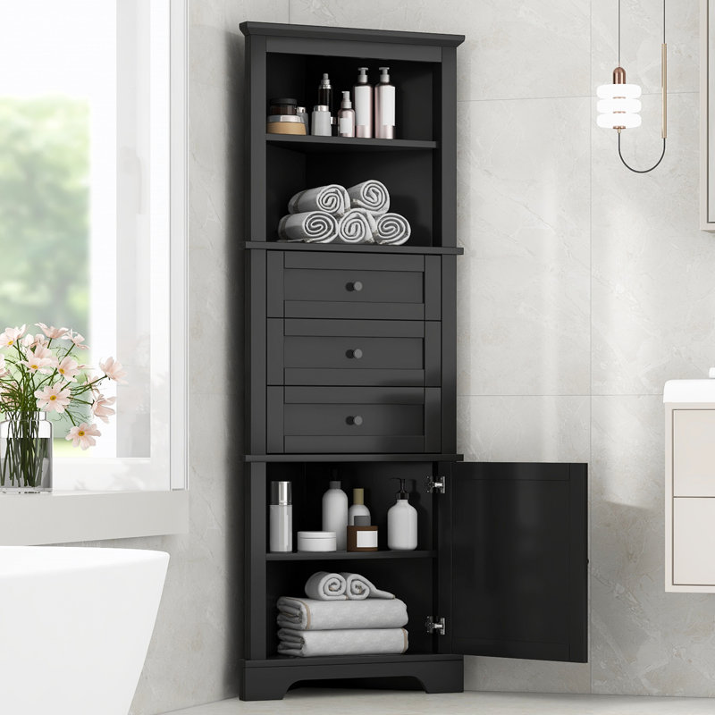 Armoire haute triangulaire avec 3 tiroirs et tablettes réglables, Noir