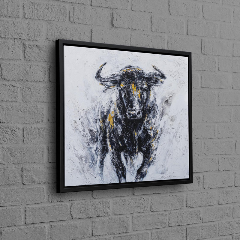 Modern 3D Wall Art Featuring an Abstract Black Bull in a Floating Frame for Bedroom Decor, Framed Print without Mat, White