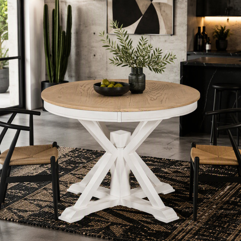 Table de salle à manger extensible rétro avec une rallonge de 12 po pour la salle à manger et le salon (bois de chêne naturel et blanc cassé)