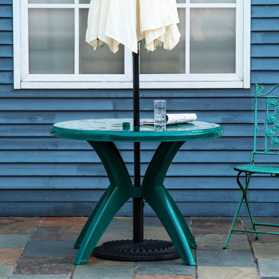 Table de patio ronde en plastique de 36,95 po avec trou pour parasol - idéale pour la piscine, le jardin, le nettoyage facile et les pieds en surface