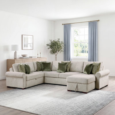 Mischa 140.5" Modern & Contemporary Microfiber 4-Piece Sectional Sofa with Pull-Out Bed, Reversible Chaise & Click Motion Back