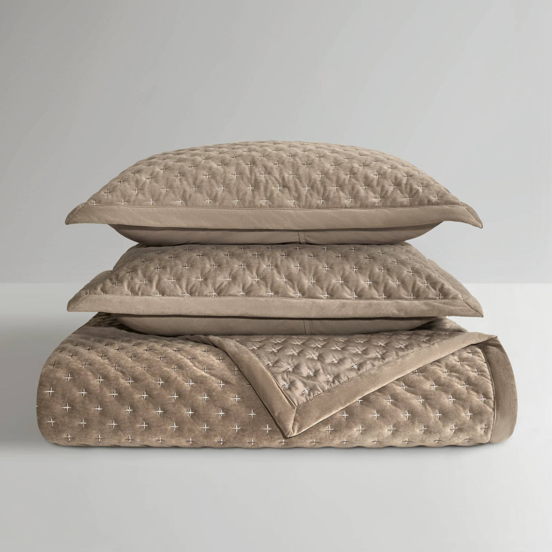 -Piece Queen Velvet Bedding Sets, Taupe Polyester Coverlet, Modern Home
