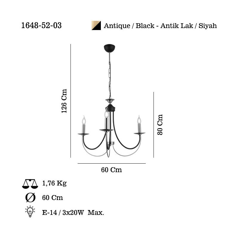 Antique Lacquer Chandelier, Adjustable Height 31.5 - 49.8 inches | Metal Body, 10 x 10 x 2 inches Base Plate | 3 x E14 Max 40W Socket (Bulb Not Included) | Elegant Lighting Fixture for Living Room & Dining Areas