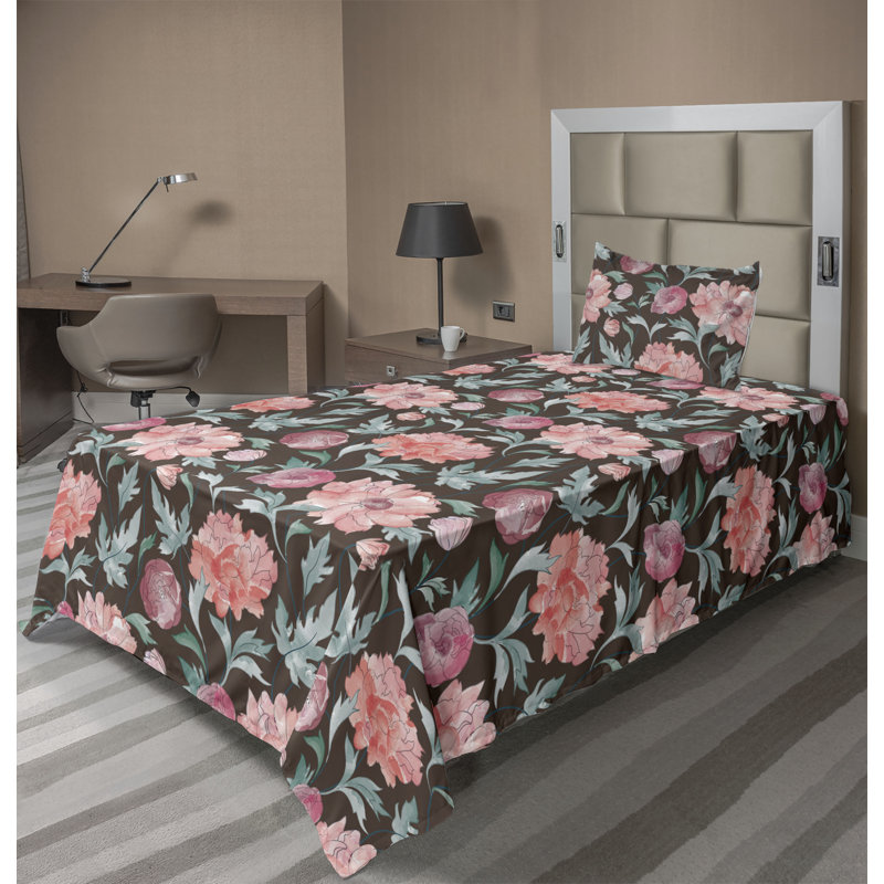 Ambesonne Watercolor Botany Sheet Set 4 Pcs Retro Boho Bloom, Twin Sheet Set with 1 Pillowcase