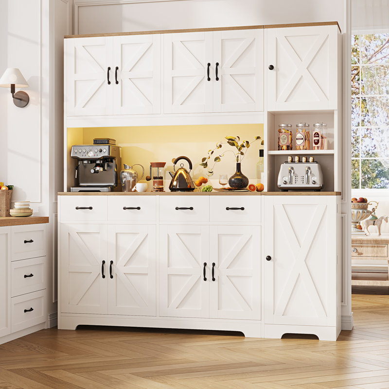 180cm Kitchen Pantry With LED Lights and Charging Station, 4 Drawers,6 Cabinets, Adjustable Shelves